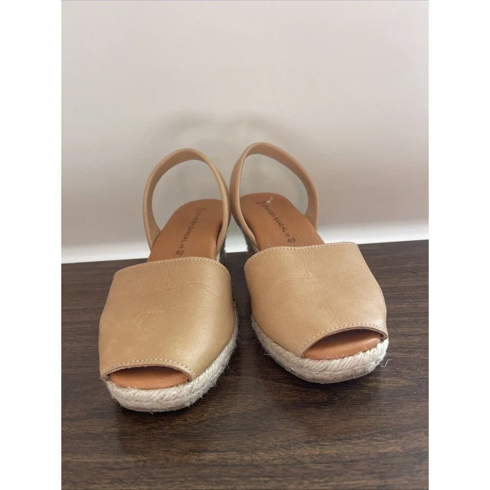 Spanish Sandal Co Leather Wedge Espadrilles Tan Slingback Peep Toe Shoes 40 - Picture 6 of 6